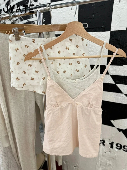 Sweet Pink Striped V-neck Bow Camis Women Summer New Cotton Casual Preppy Style Sleeveless Vests Vintage Chic Cute Tank Tops Y2K