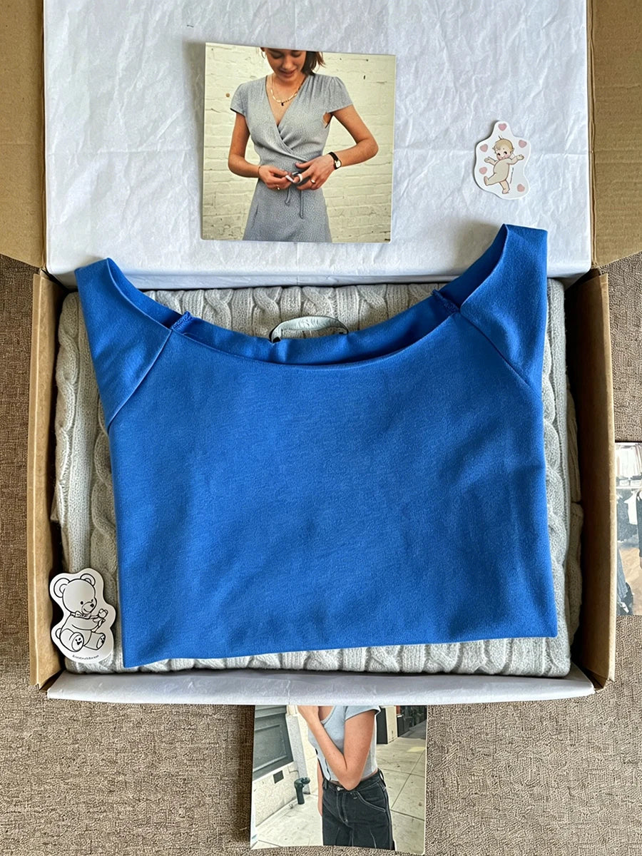 Electric Blue Slash Neck Crop Tops Women Simple All-match Cotton Slim Raw Hem T-shirts Vintage Preppy Style Cropped Tees New