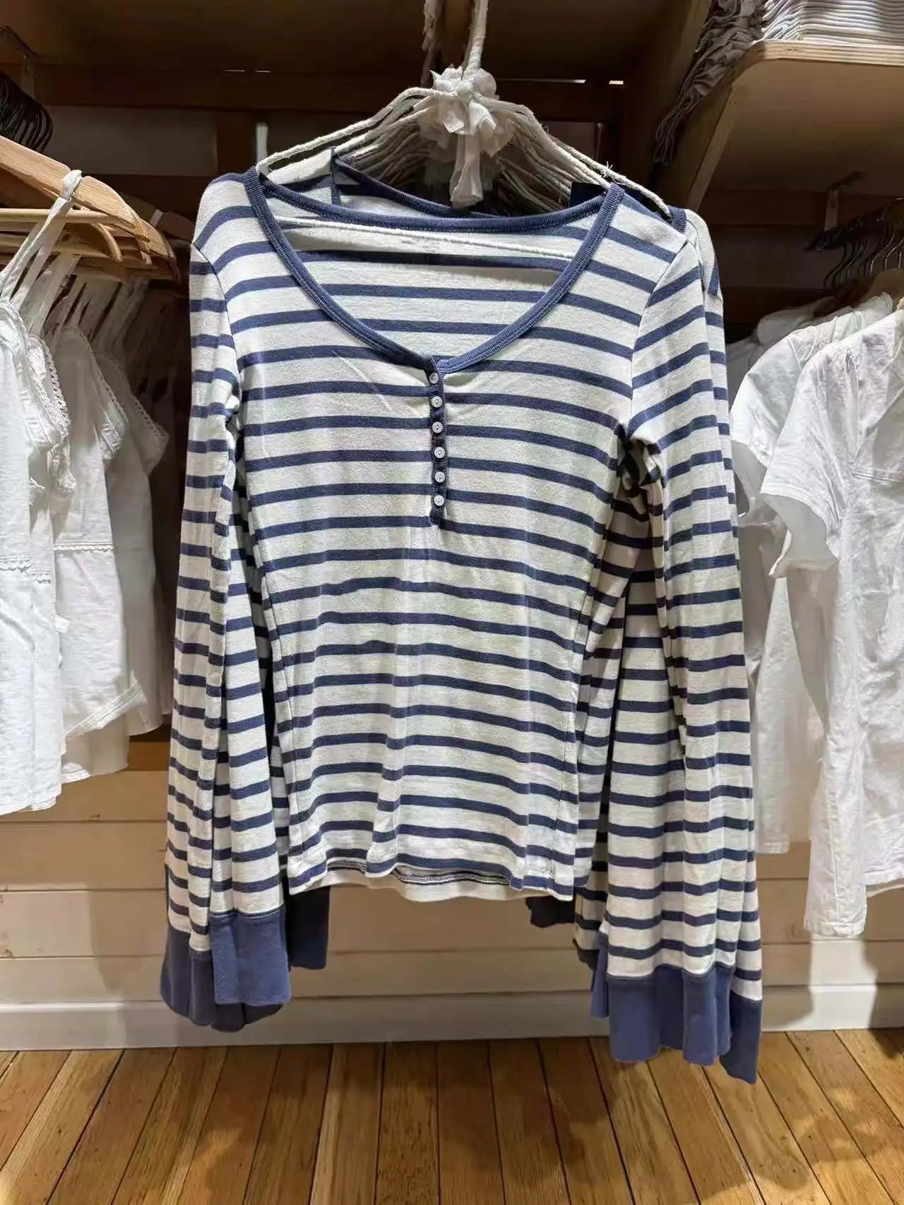 Cute Pink Brown Striped T-shirt Women Buttons O-Neck Cotton Slim Patchwork Long Sleeve Tee Sweet Preppy Style Tshirt Y2K Top New