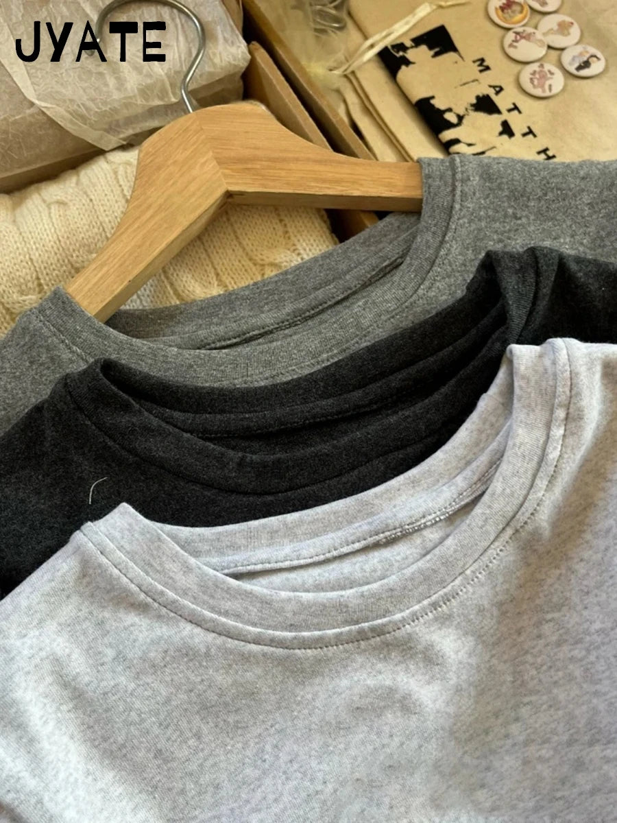 Basic Gray Cotton Soft T-shirts Women Summer New Casual Slim Simple O-neck Short Sleeve Tees Sweet Chic Preppy Style Tops Y2K