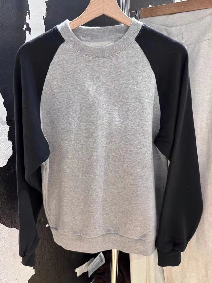 Vintage White Patchwork O-neck Sweatshirts Women Autumn Cotton Casual Harajuku Streetwear Hoodies Simple Chic Pullovers Tops Y2K