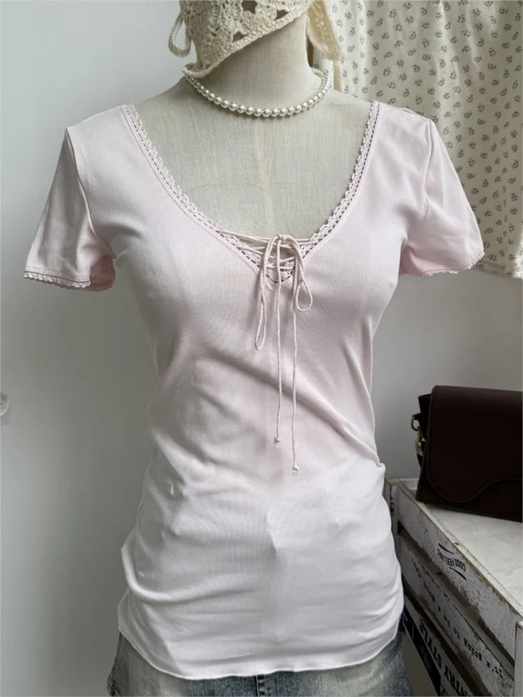 Pink Lace Trim Slim T-shirts Women Summer Streetwear Cotton Lace-up V-neck Short Sleeve Tees Cute Sweet Simple Chic Tshirts