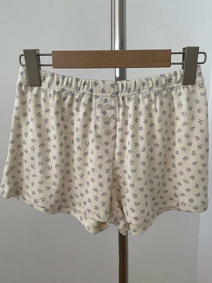 Sweet Eyelet Floral Print Short Pants Women Three Buttons High Waist Straight Home Cozy Underwear Casual Cute Cotton Shorts Y2K