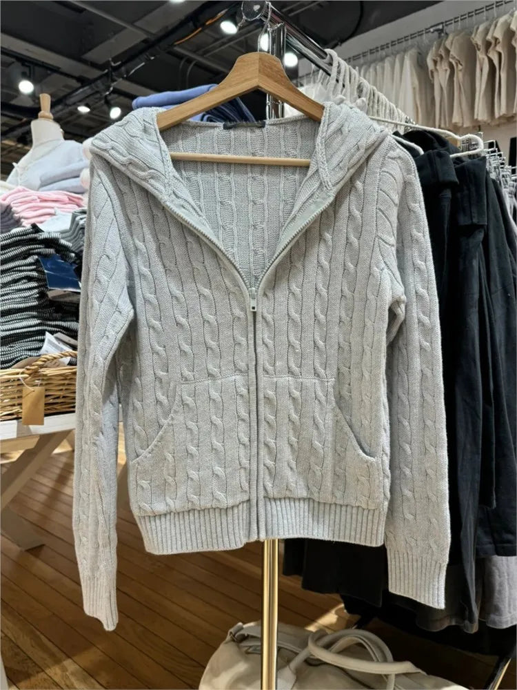 Gray Twisted Flower Hooded Zipper Coat Women Fall Winter Long Sleeve Pocket Knit Knitwear Sweet Preppy Style Cardigan Sweater