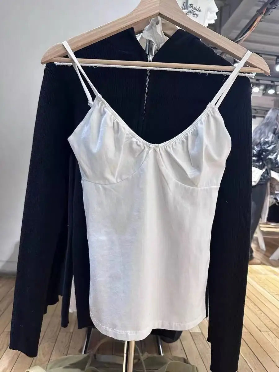 Bow V-neck Folds Tank Tops Women New Casual Slim White Adjustable Shoulder Strap Vests Vintage Sweet Preppy Style Camisole Y2K