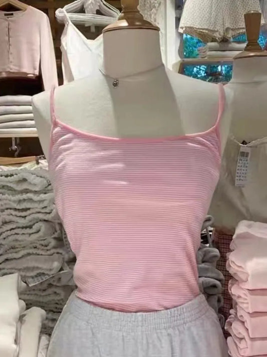 Sweet Slim Pink Striped Camisole Women Summer New Cotton Streetwear Sexy Cute Sleeveless Vests Female Chic Vintage Y2K Tank Tops