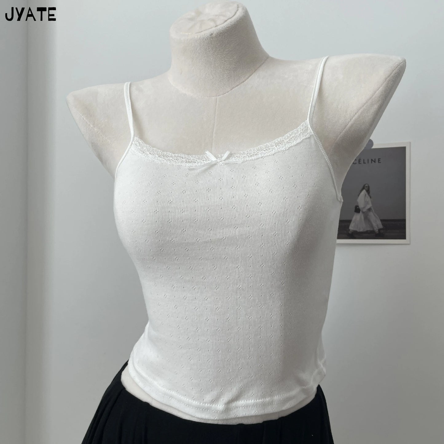 Hollow Out Lace Trim Camisole Women Summer New Cotton Soft Slim Bow Solid Sleeveless Vests Sweet Cute Preppy Style Tank Tops Y2K