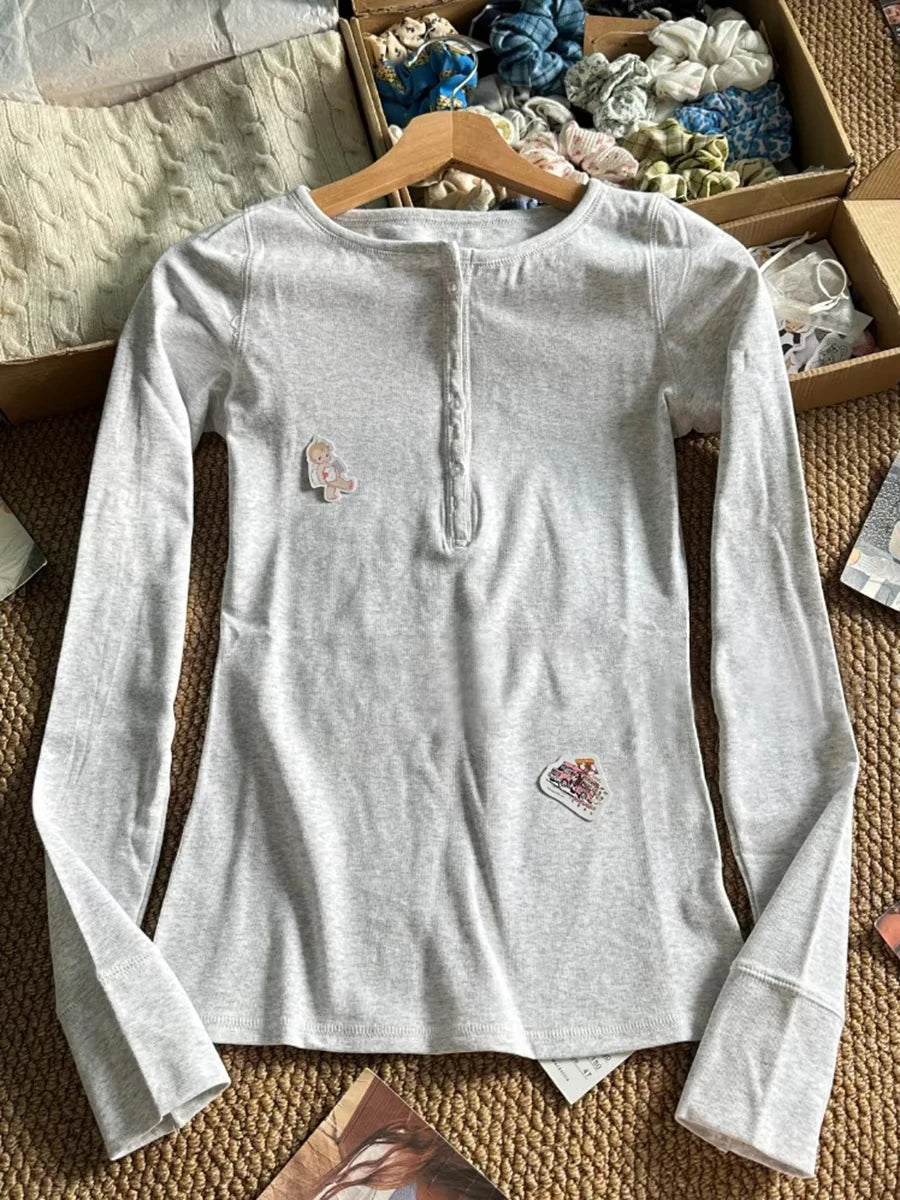 Button Long Sleeve Tees Solid Slim T-shirts Women Spring Casual Simple Basic Tshirt