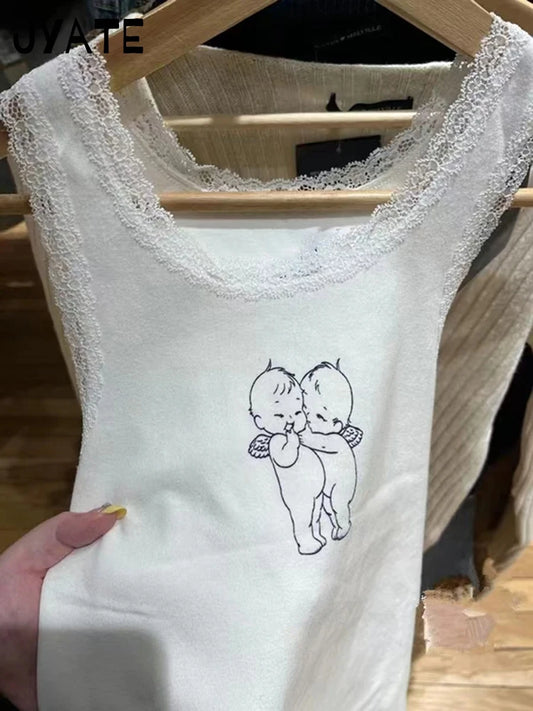 Cute Cartoon Print Lace Trim Vests Women Summer White Cotton Soft O-neck Tank Tops Female Sweet Casual Vintage Chic Y2K Crop Top