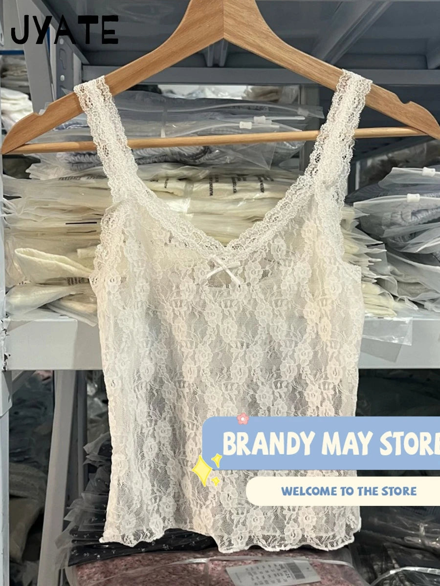 Lace Transparent Sexy V-neck Camisole Women New Streetwear Bow Thin Jacquard Sleeveless Vests Vintage Sweet Chic Tank Tops Y2K