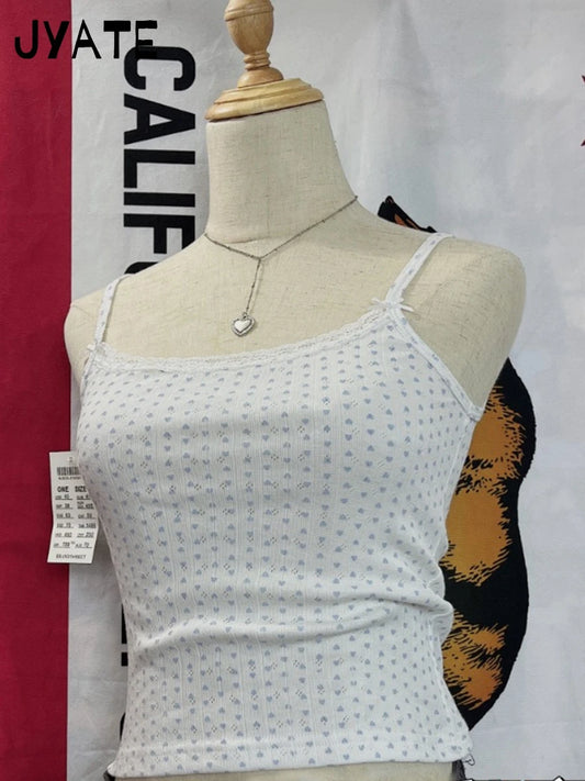 Sweet Blue Heart Print Eyelet Tank Tops Women Summer Bow Lace Trim Cotton Slim Sleeveless Cropped Vests Cute VIntage Chic Camis