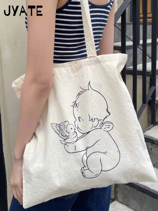 Canvas Cute Cartoon Print Shoulder Bags Female White Simple Large Capacity Messenger Hobo Casual Fashion Women's Crossbody Bag