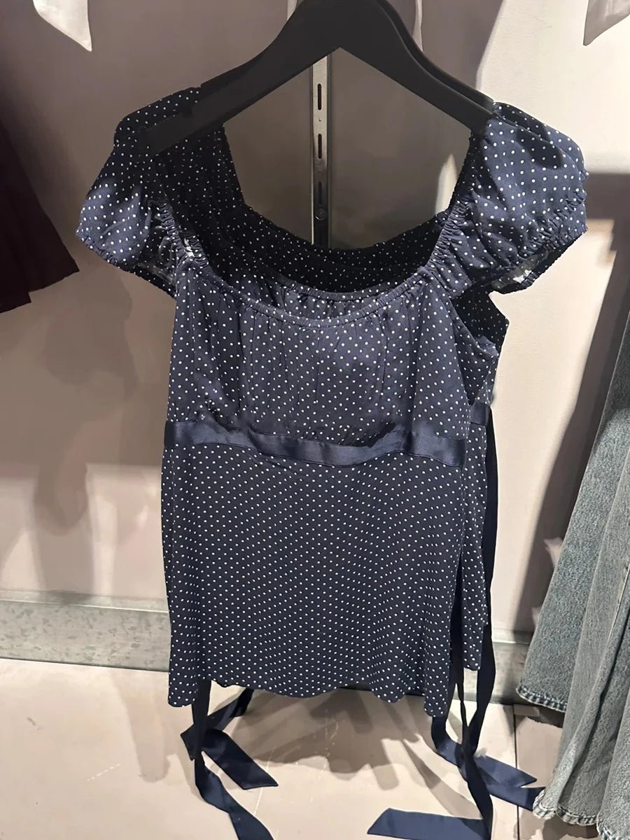 Polka Dot Navy Lace-up T-shirts Women Summer New Casual Slim Square Collar Tee Tops Female Vintage Preppy Style Chic T-shirt Y2K