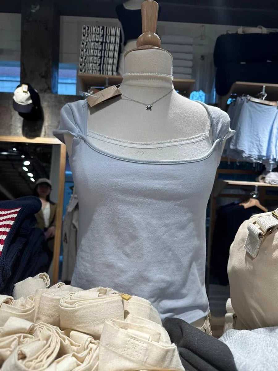 New Sweet Pink Cotton Crimping Short Sleeve Tees Women Summer Casual Simple Square Collar Crop Tops Vintage Basic Y2K T-shirts