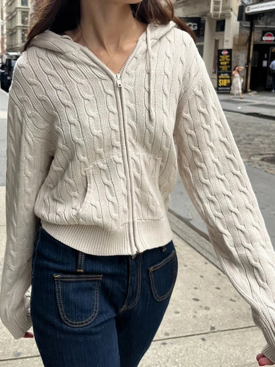 Simple Solid Twisted Flower Knit Cardigan Sweater Women Autumn Long Sleeve Pocket Hooded Zipper Coat Sweet Preppy Style Knitwear