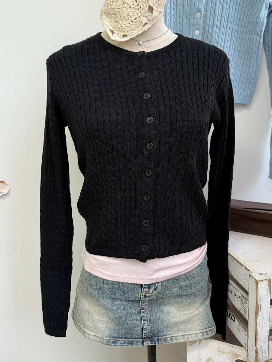 Brown Twsit Cardigan Women Spring Simple Casual Cotton Slim Button Long Sleeve Sweater Vintage Chic Preppy Style Sweaters Y2K