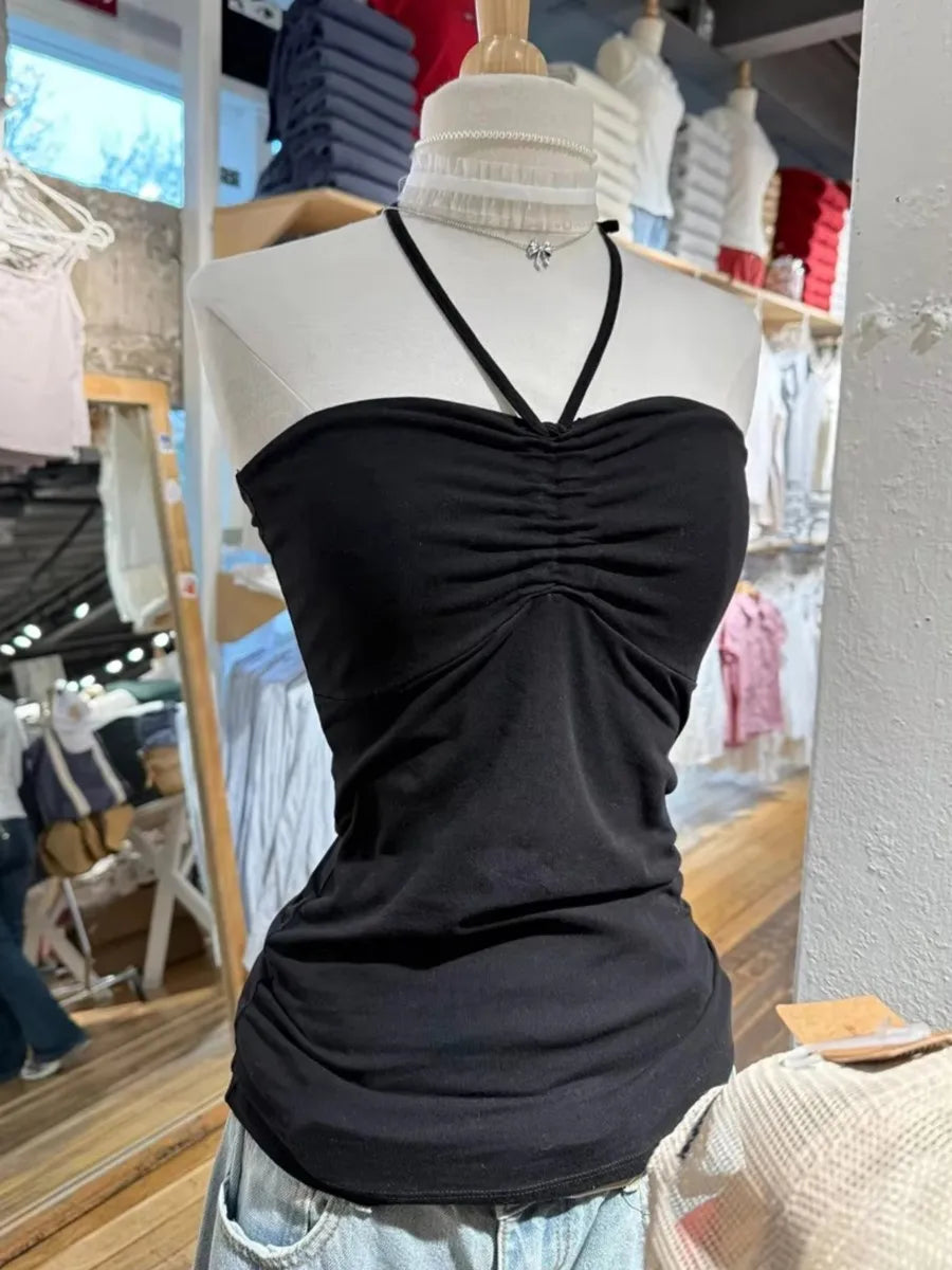 Red Dot Print Drawstring Folds Strapless Tank Top Women Cotton Slim All-match Camisole Sweet Harajuku Preppy Style Vest Y2K Tops