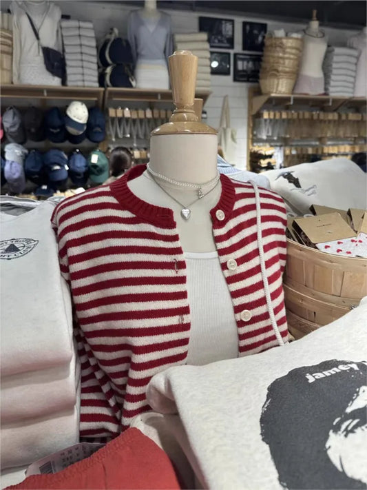 Sweet Red Striped Knitted Sweater Cardigan Women Round Neck Single Breasted Cotton Knitwear Preppy Style Sweaters Coat Tops Y2K