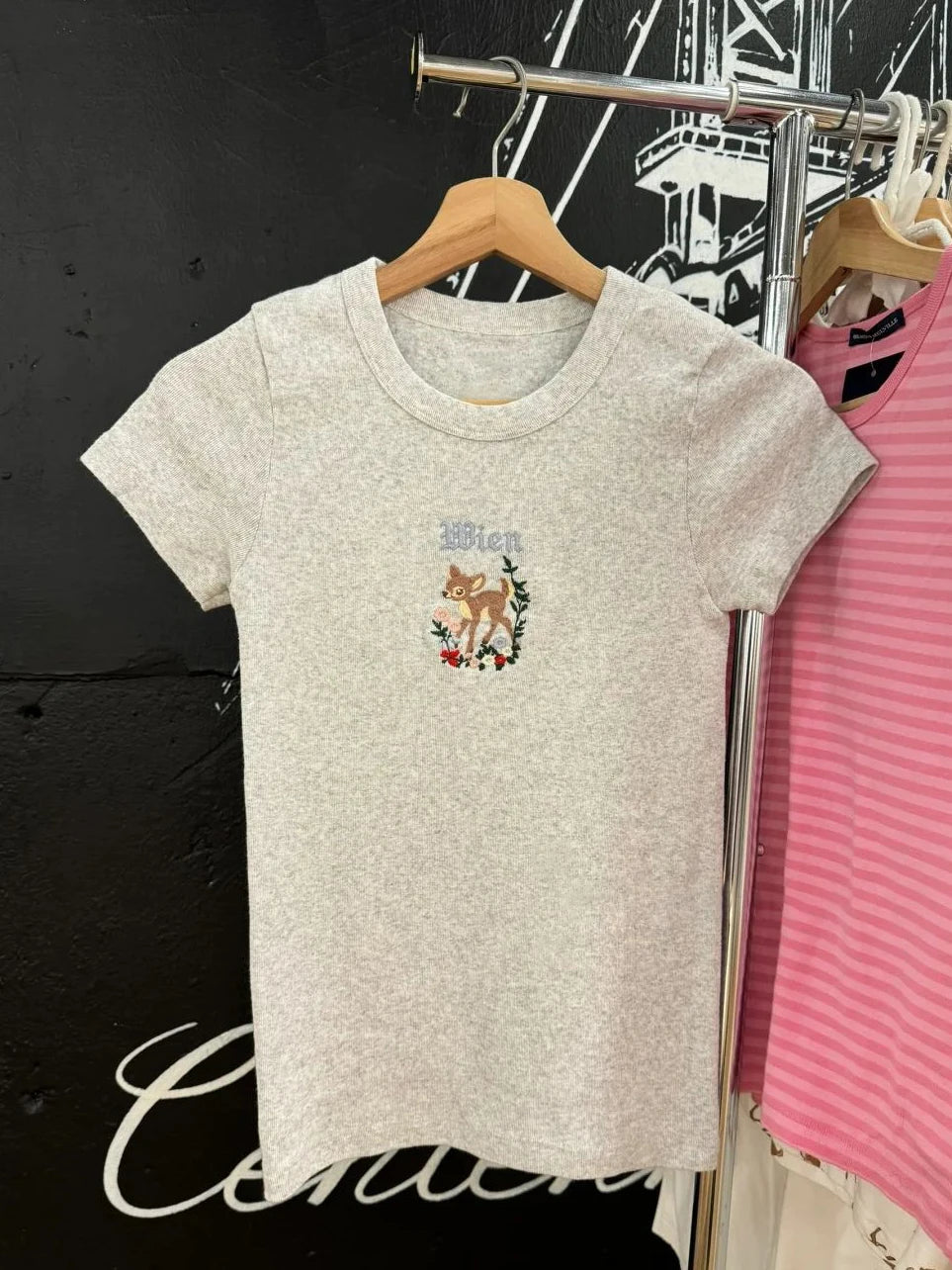 New Cute Little Deer Flowers Embroidery T-shirt Woman O-Neck Slim Short Sleeve Cotton Tees Tops Spring Casual Sweet Y2K Tshirts