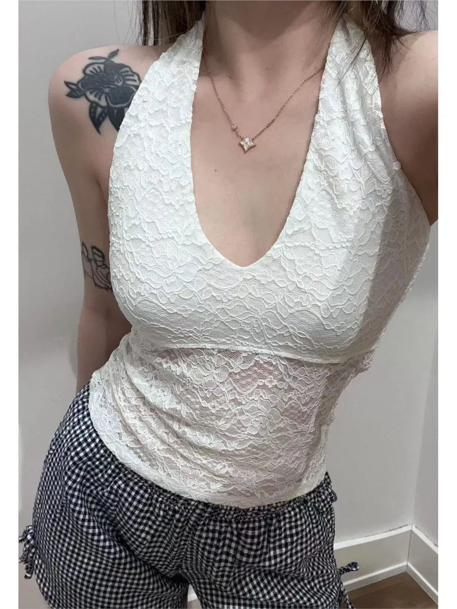 Lace See Through Halter Neck Tank Tops Women New Casual Sexy Streetwear Cotton V-neck Sleeveless Vests Sweet Chic Vintage Camis