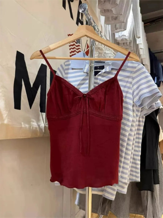 Red Retro Folds V-neck Tank Tops Women Summer New Sexy Casual Sexy Slim Lace-up Sleeveless Vests Vintage Sweet Simple Camisole