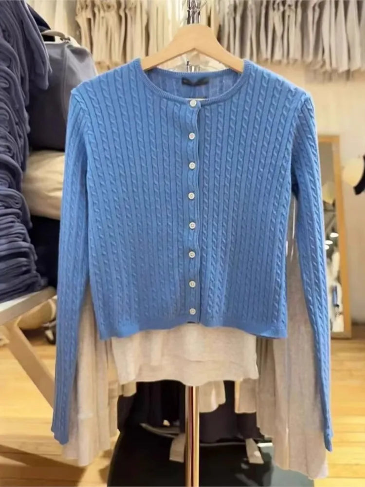 Gray Pockets Knitted Sweater Cardigan Women Autumn Cotton Round Neck Long Sleeve Sweaters Sweet Preppy Style Knitwear Y2K Tops