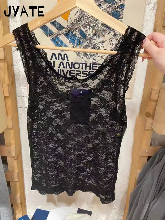 Sexy Solid U-neck Lace See Through Tank Tops Women Summer Casual Simple Sleeveless Vests Female New Vintage Sweet Crop Tops Y2K