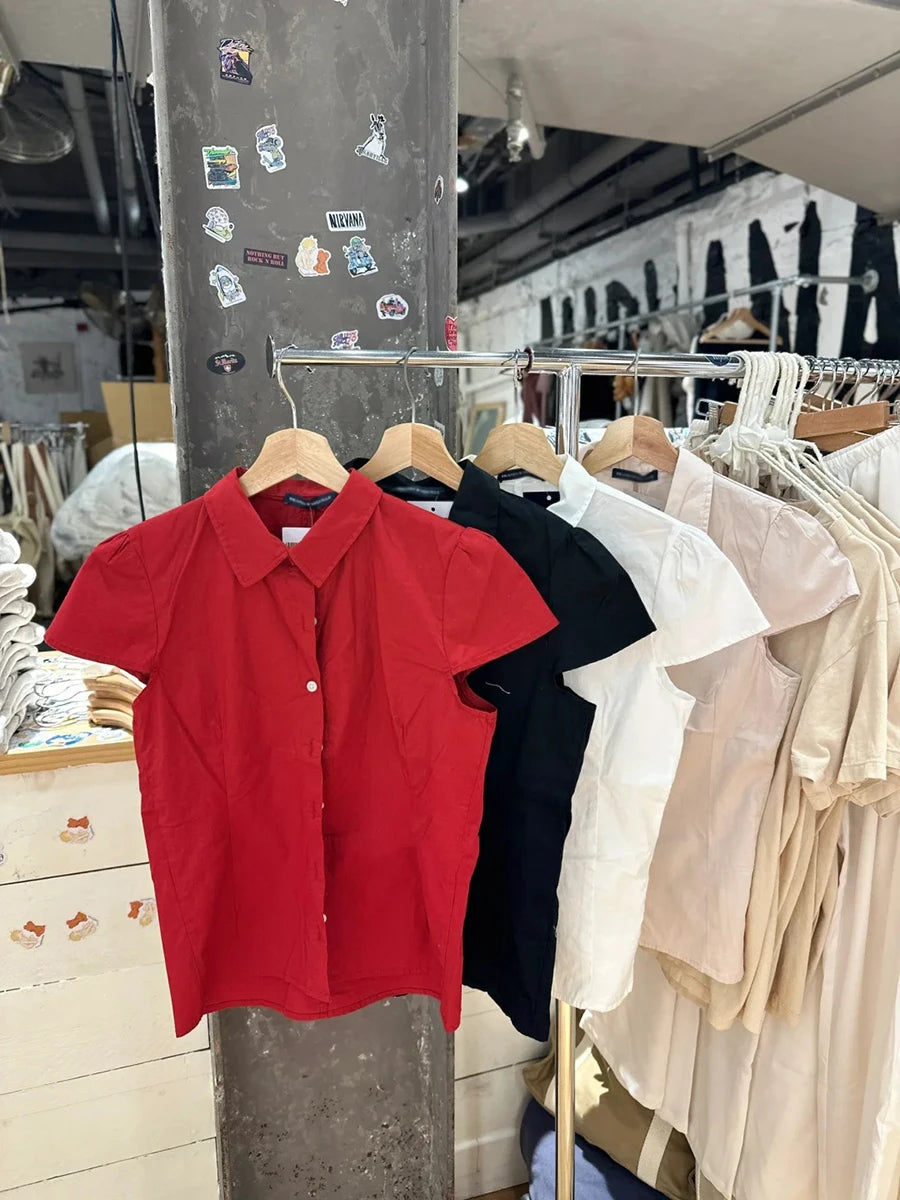 Retro Red Buttons Blouse Women Summer New Streetwear Lapel Short Sleeve Tees Sweet Vintage Cute Preppy Style T-shirts Y2K Tops
