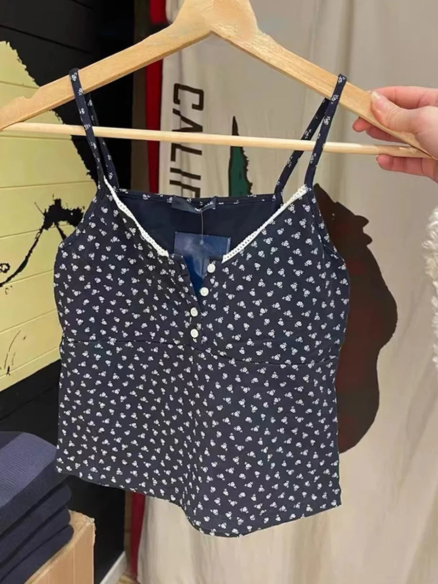 Sweet Retro Floral Buttons Camis Women Summer New Fashion Navy Blue Lace Trim Tank Tops Female Vintage Harajuku Chic Vests Y2K