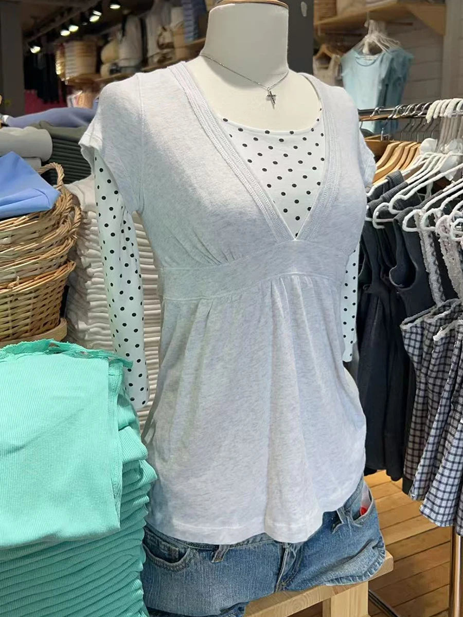 Pink Deep V-neck Long T-shirts Women Summer Casual Cute Short Sleeve Slim Tee Shirts Sweet Simple All-match Cotton Tshirt y2k