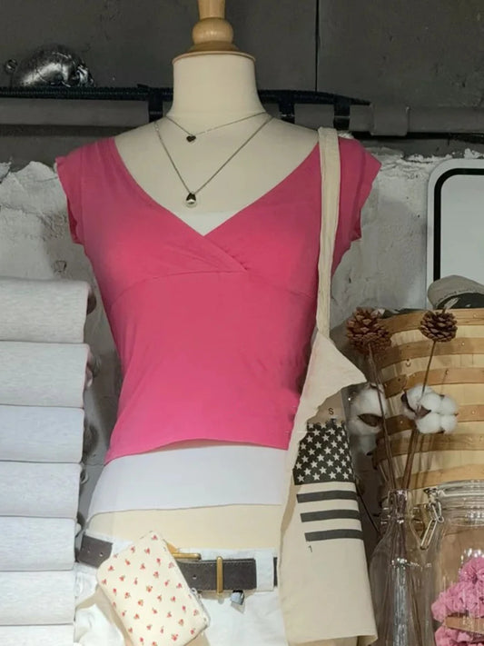 Rose Red Slim Crop Top Woman Streetwear Cute V-neck Short Sleeve Cotton Cropped T-shirt Casual Simple Sweet All-match Tee Tops