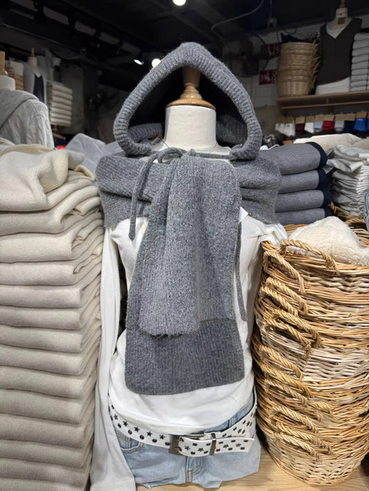 Solid Hooded Scarf Women Spring Winter Casual Lace-up Unisex Thick Warm Long Scarves Vintage Chic Preppy Style Knitted Scarf y2k