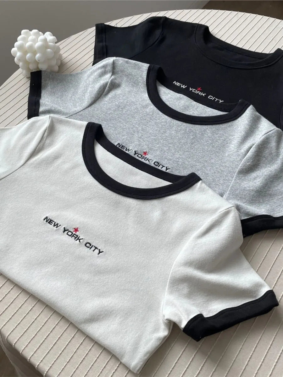 Fashion Apricot Patchwork T-shirts Women Summer New Streetwear Cotton O-neck Short Sleeve Tees Female Preppy Style Chic OOTD Top