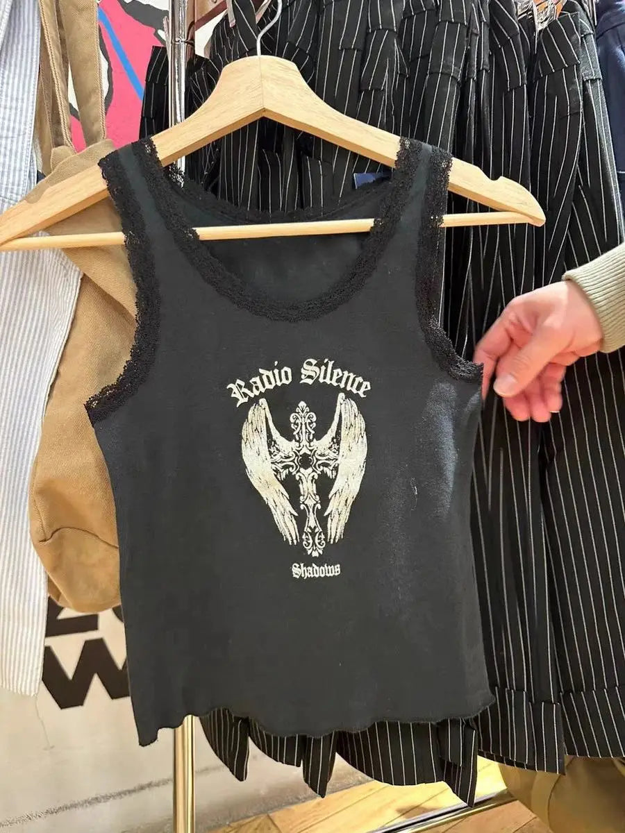 New Sweet Blue Lace Trim Tank Tops Women Summer Cotton Slim Sexy Simple Sleeveless Vests Harajuku Vintage Cute Camis Y2K Clothes