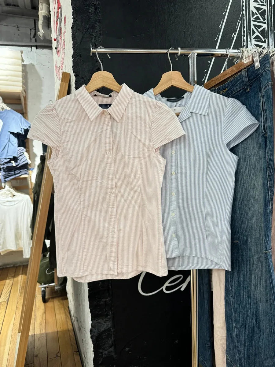 Sweet Pink Striped Button Blouse Women New Streetwear Casual Lapel Short Sleeve Tees Vintage Cute Preppy Style T-shirts Y2K Tops