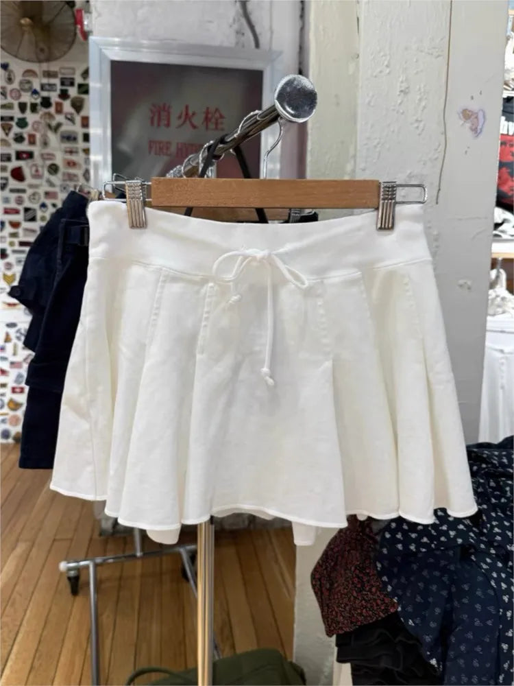 Simple Sweet Waffle A-line Skirts Women Summer New Casual Solid Lace-up High Waist Mini Skirts Streetwear Vintage Chic Y2K Falda