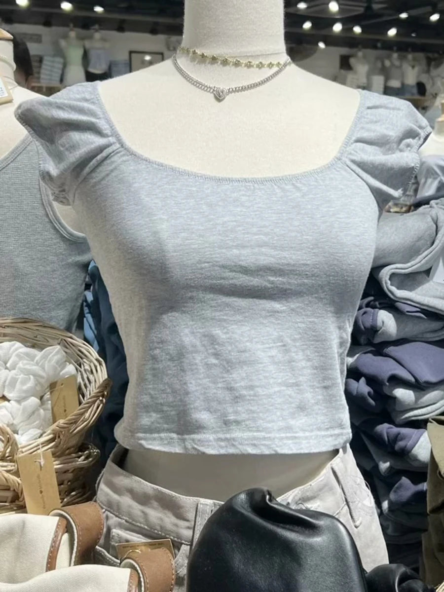 Sexy Green Floral Print Square Collar Crop Tops Women Casual Simple Slim Cotton Short Sleeve Tee Chic Sweet Vintage T-shirts Y2K