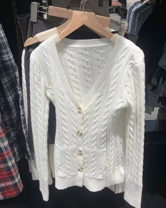 Cable Knit V-neck Cardigan Women Spring Simple Basic Casual Cotton V-neck Slim Jumper Sweet Chic Long Knitted Tops