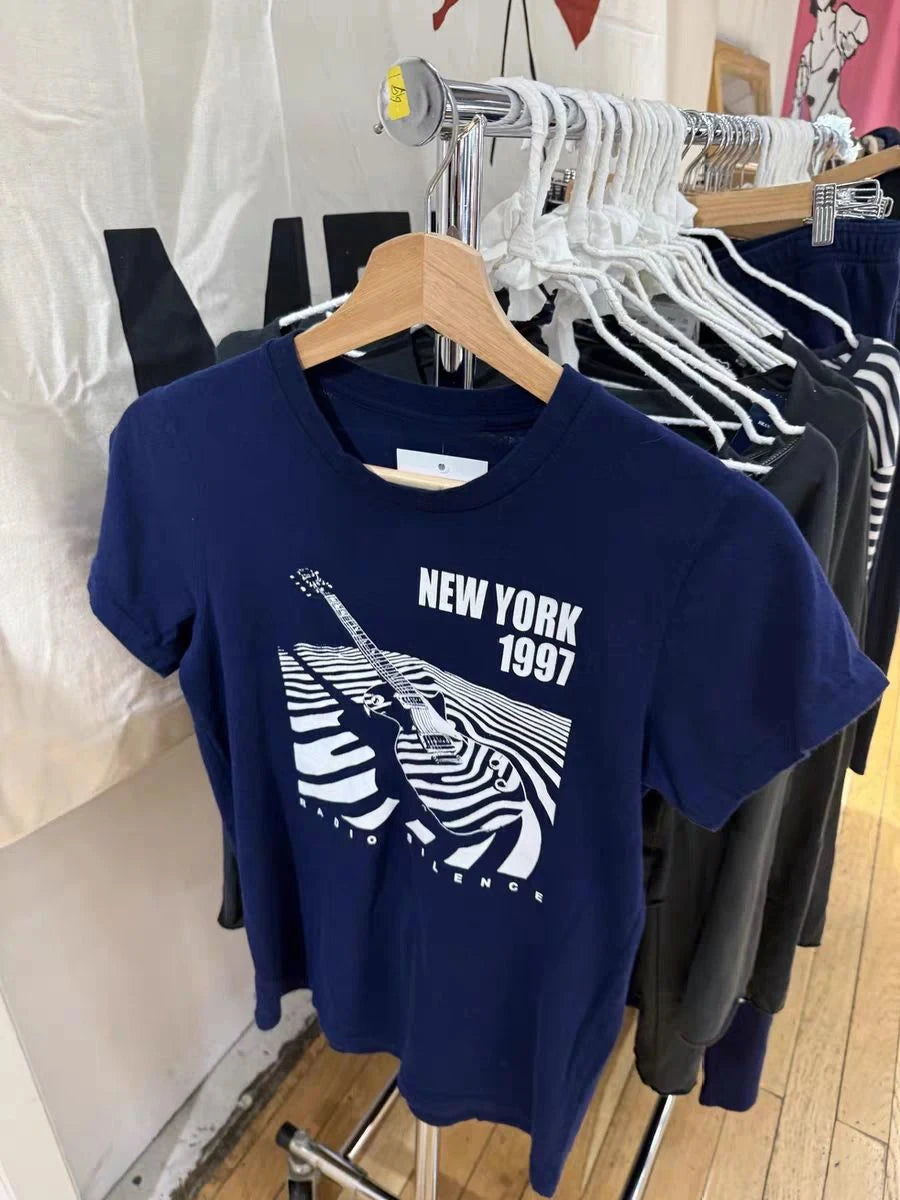 Navy Guitar Print Slim T-shirts Women Summer New Casual Streetwear O-neck Short Sleeve Tees Vintage Preppy Style Cotton Y2K Tops