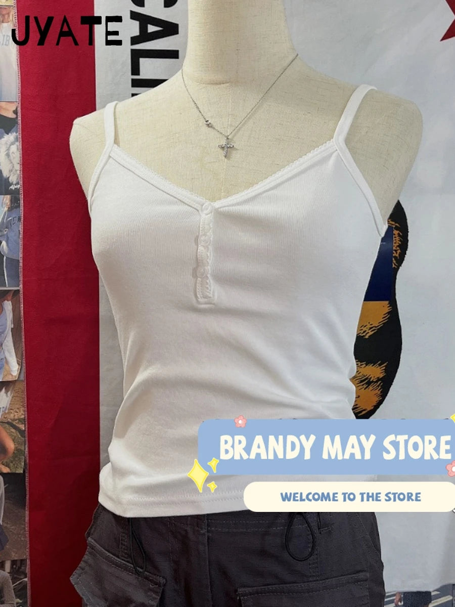 Basic White Lace Trim V-neck Tank Tops Women Summer New Cotton Casual Buttons Sleeveless Vests Vintage Chic Sweet Camisole Y2K