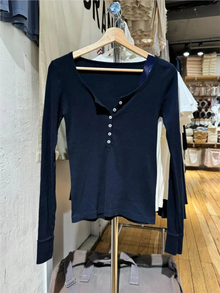 Navy Six ButtonsT-shirts Women Autumn New Round Neck Cotton Ribbed Slim  Long Sleeve Tee Top Casual Vintage Chic Tshirt Y2k Tops