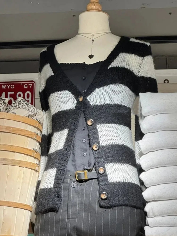 Striped Mohair Long Sleeve T-Shirt Cardigan Women Autumn V-Neck Cotton Thin Smock Button Top Vintage Sweet Cute Tee Shirt Tops