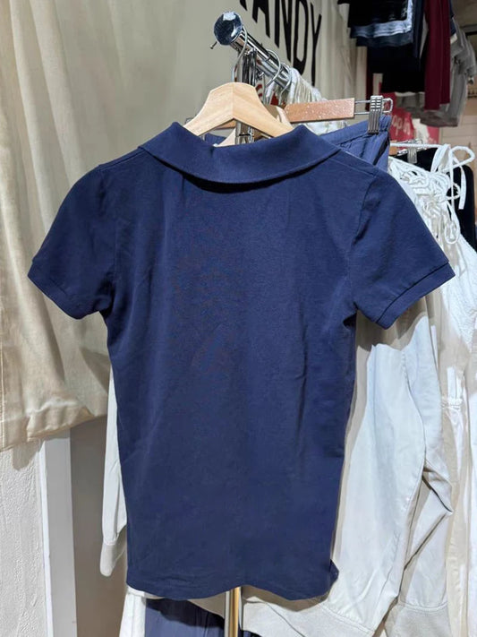 Cute Little Duck Embroidery T-shirt Women Summer Cotton Turn Down Collar Short Sleeve Tees Vintage Sweet Preppy Style T Shirt