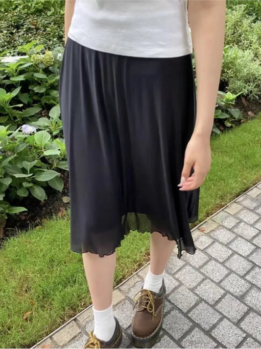 Vintage Black Chiffon Fungus Hem Mini Skirts Women Summer New Casual Preppy Style A-line Short Faldas Female Sweet Elegant Skirt