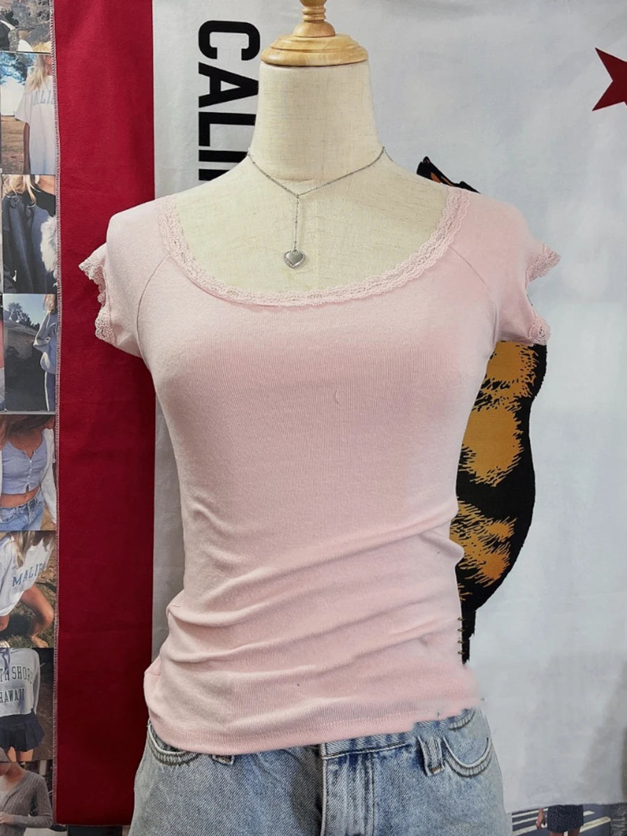 Blue Lace Trim Slim Slash Neck T-shirts Female New Cotton Casual Simple Short Sleeve Tees Vintage Chic Sweet Tops Women Clothes