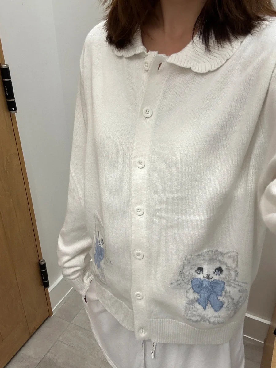 Cat Crochet Buttons Babydoll Top Cardigan Women Autumn Beige Lace collar Cotton Knitted Jumper Sweet Cute Preppy Style Sweater