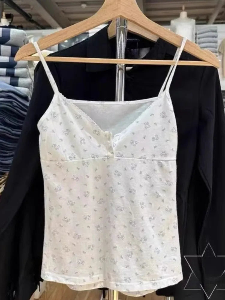 Little Bear Print Eyelet Tank Tops Women Summer Casual U Collar Neck Cotton Slim Sleeveless Vests Sweet Cute Chic Camisole Y2K