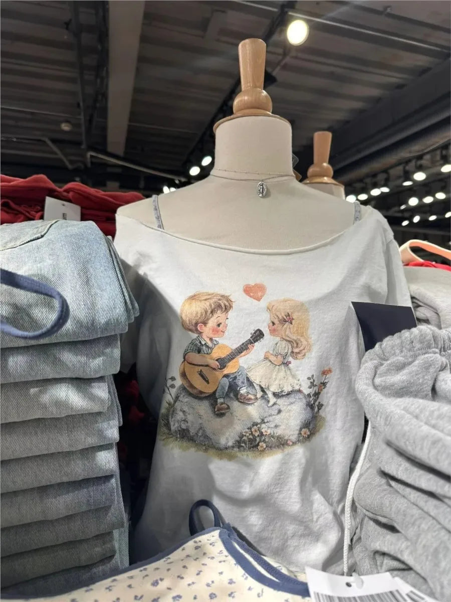 Guitar Print Slash Neck Crop Tops Women Summer New Streetwear Cotton Slim Raw Hem Short Sleeve Tee Sweet Vintage Cute T-shirts