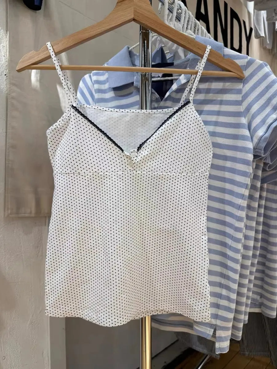 OOTDS Polka Dot White Slim Crop Top Women Navy Lace Trim Two Buttons Cotton Cropped Camisole Sweet Cute Preppy Style Tank Tops