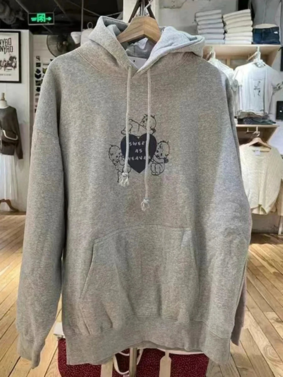 New Sweet Cute Little Bear Embroidery Beige Loose Hoodies Women Pocket Streetwear Cotton Pullover Tops Vintage Chic Sweatshirts